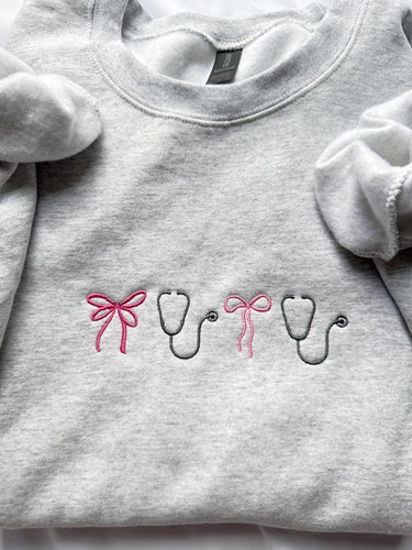 Nurse Bow and Stethoscope Crewneck Embroiderey/Hoodie cute applique embroidery nicu, er, trama, ocu, nurse apparel, nurse sweatshirt